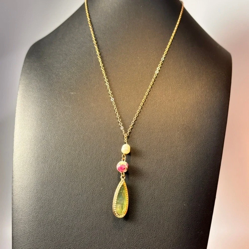 Pendant Necklace Gold Green Teardrop Floral Rose Bead Cottagecore Whimsygoth